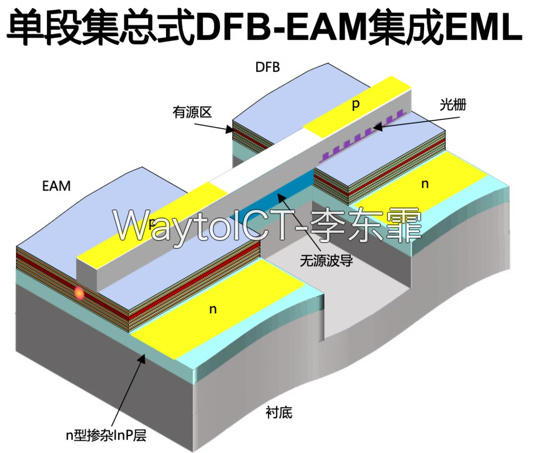 EML 激光器内部结构：单段集总式 DFB 与 EAM 集成三维示意图