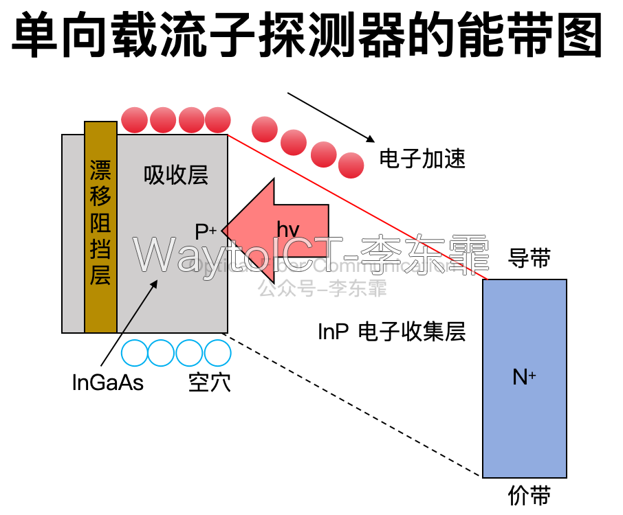 UTC-PD工作原理:电子进入漂移层被收集层收集,空穴被阻挡层阻挡