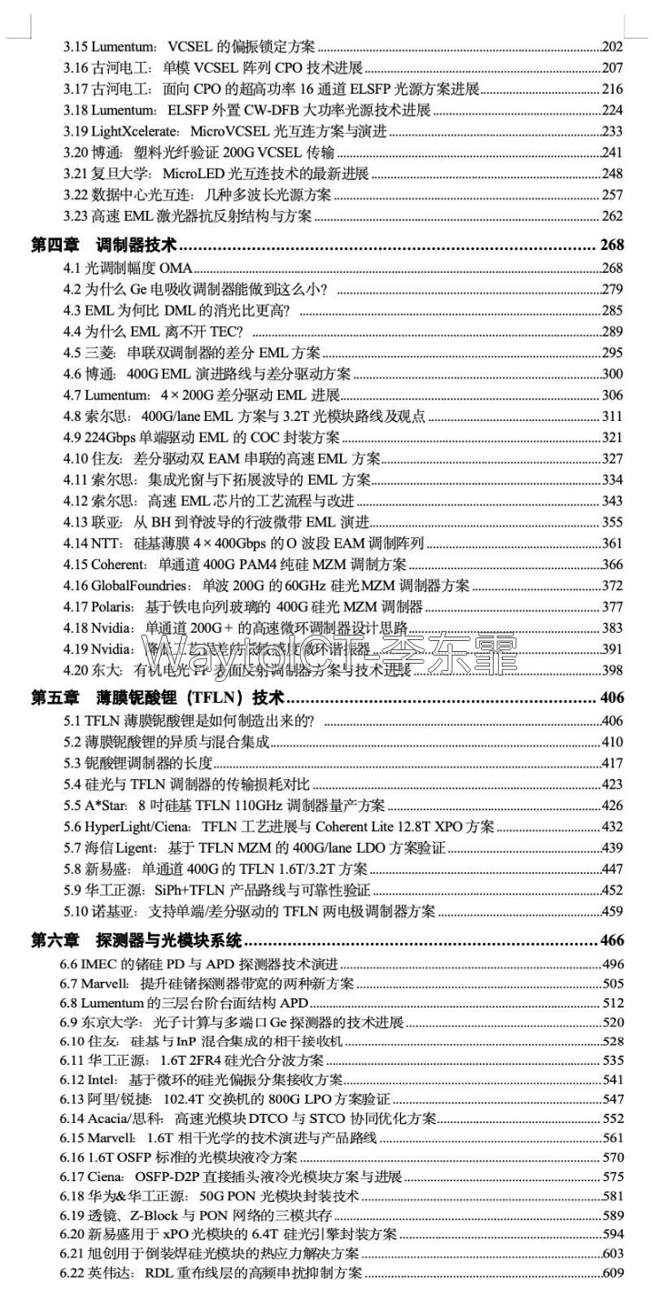 报告汇编目录页:调制器技术、薄膜铌酸锂(TFLN)技术、探测器与光模块系统章节