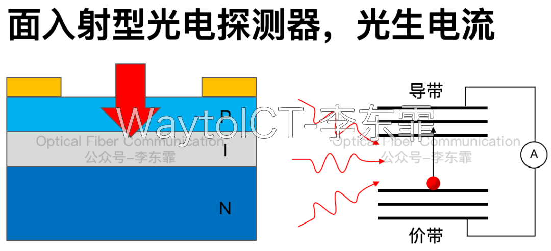 面入射型光电探测器工作原理:光入射产生光生电流(PIN结构与能带跃迁示意)