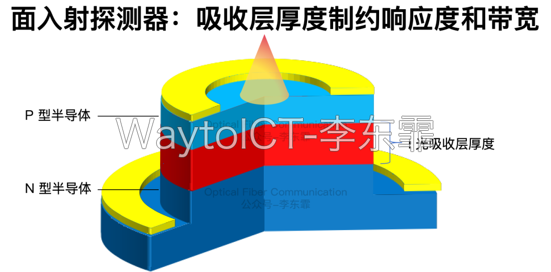 面入射探测器:吸收层厚度制约响应度和带宽(P型半导体、I光吸收层、N型半导体台面结构)