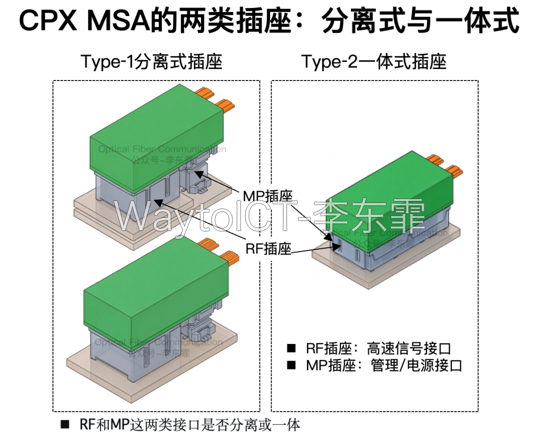 两类 CPX 模块与 RF/MP 插座示意:RF 插座为高速信号接口,MP 插座为管理/电源接口,RF 和 MP 两类接口是否分离或一体