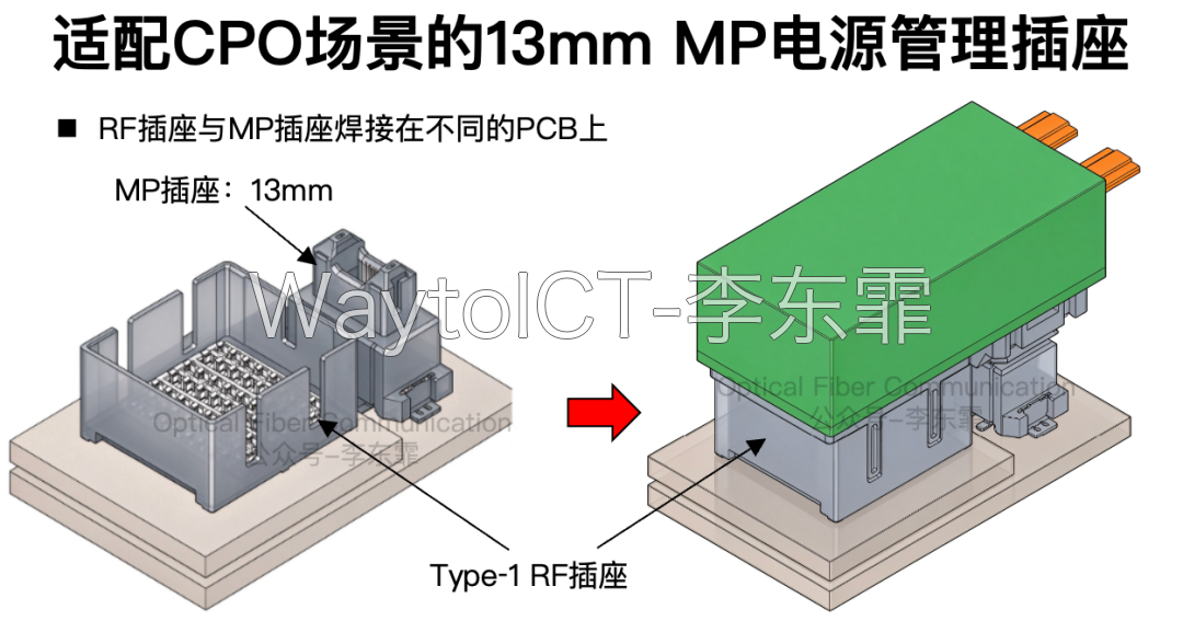 Type-1 插座安装在 ASIC 封装基板上,CPX 模块插入 RF 插座示意