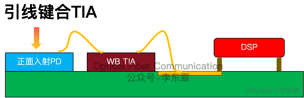 引线键合 TIA 方案:正面入射 PD 经金丝连接 WB TIA,再由金丝接到 DSP
